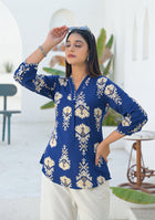 Ammanya Navy Ikat motif pleated Top