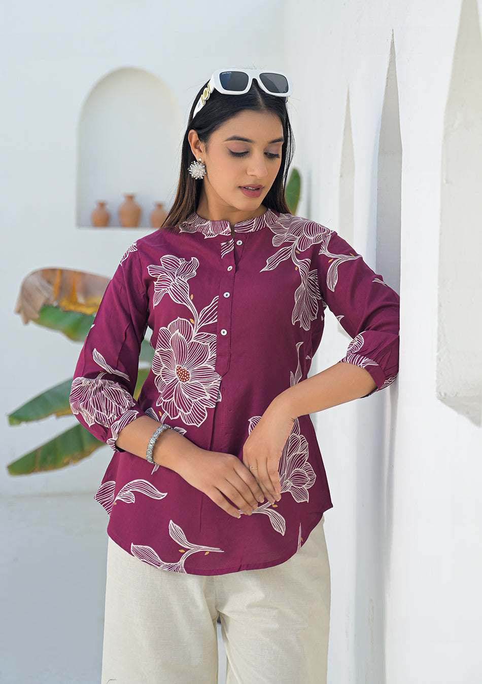 Ammanya Berry Wine Botanical Print Top