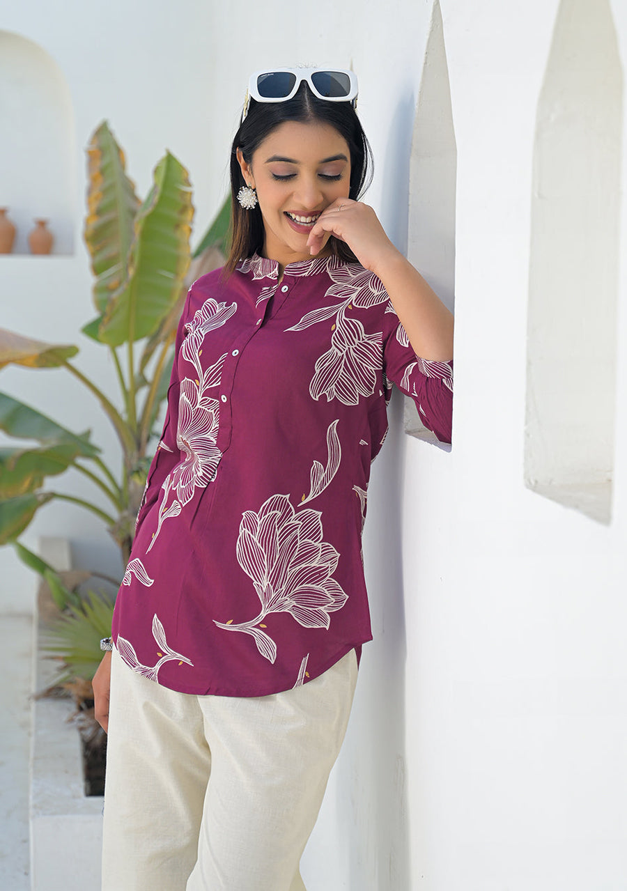 Ammanya Berry Wine Botanical Print Top