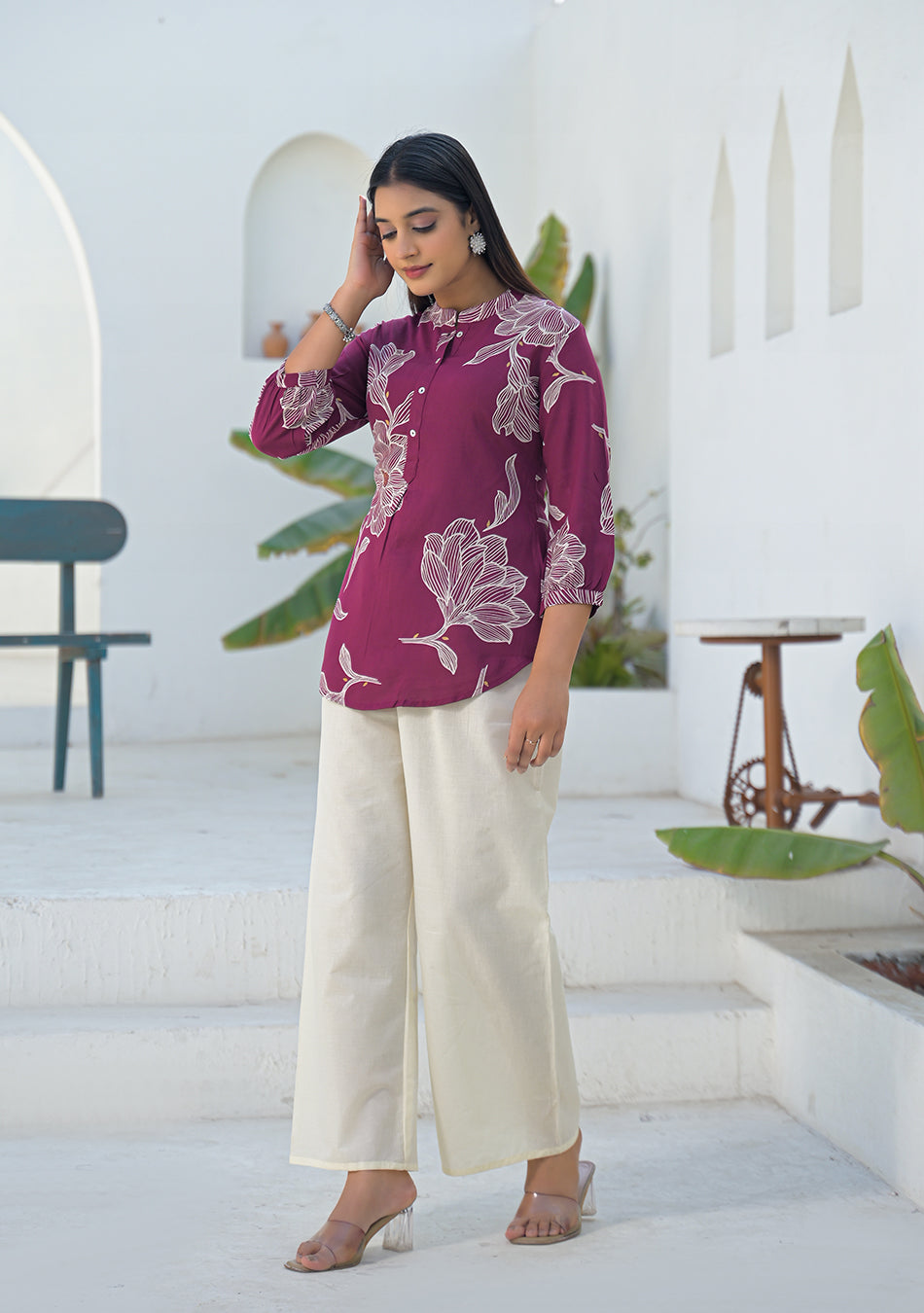 Ammanya Berry Wine Botanical Print Top
