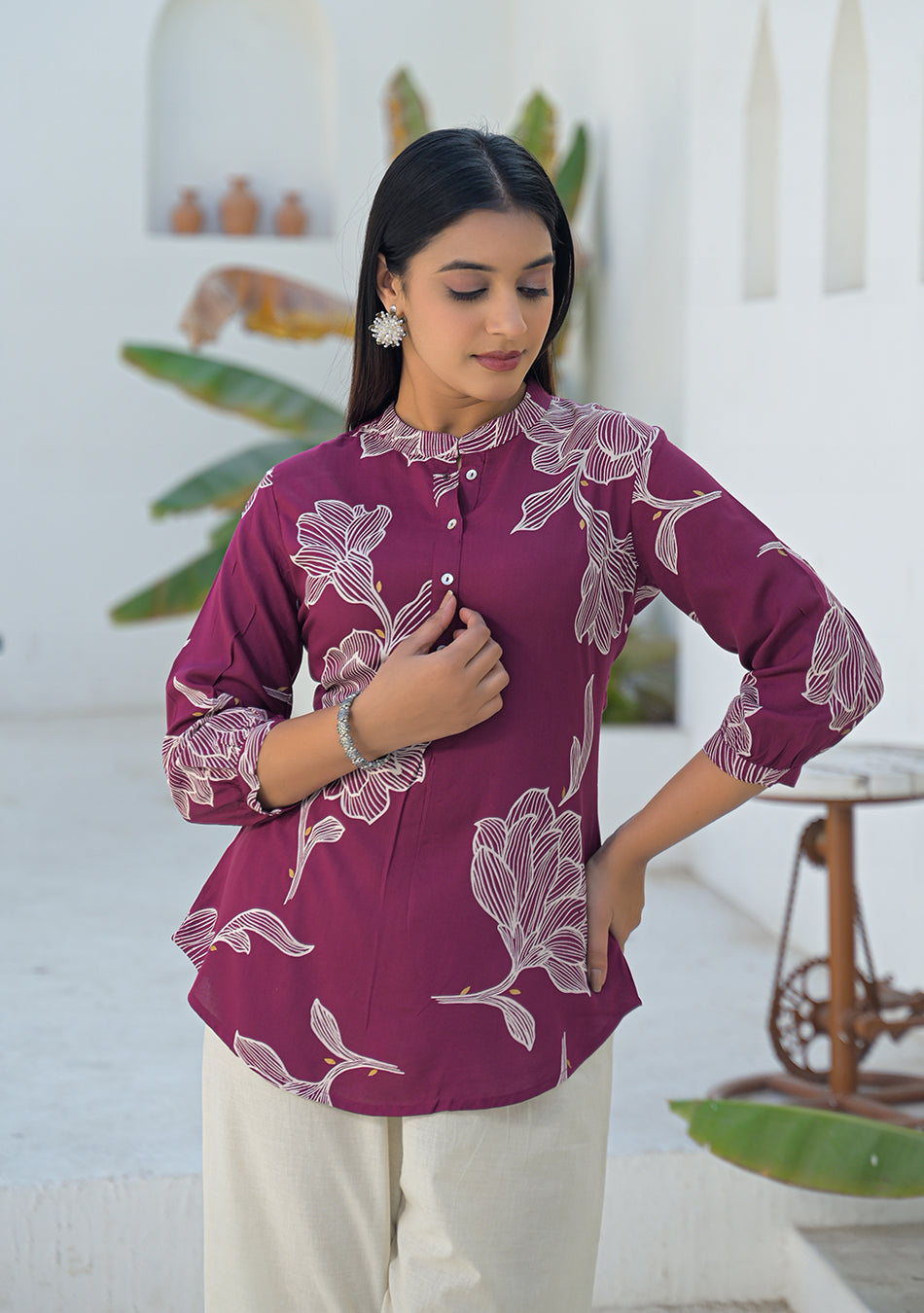 Ammanya Berry Wine Botanical Print Top