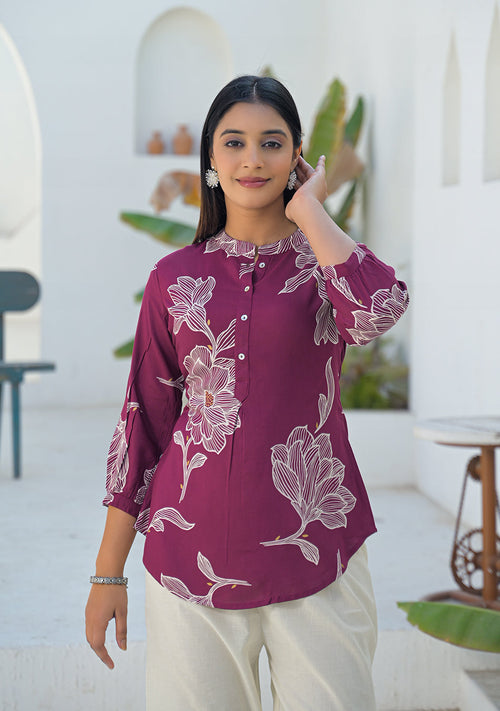 Ammanya Berry Wine Botanical Print Top