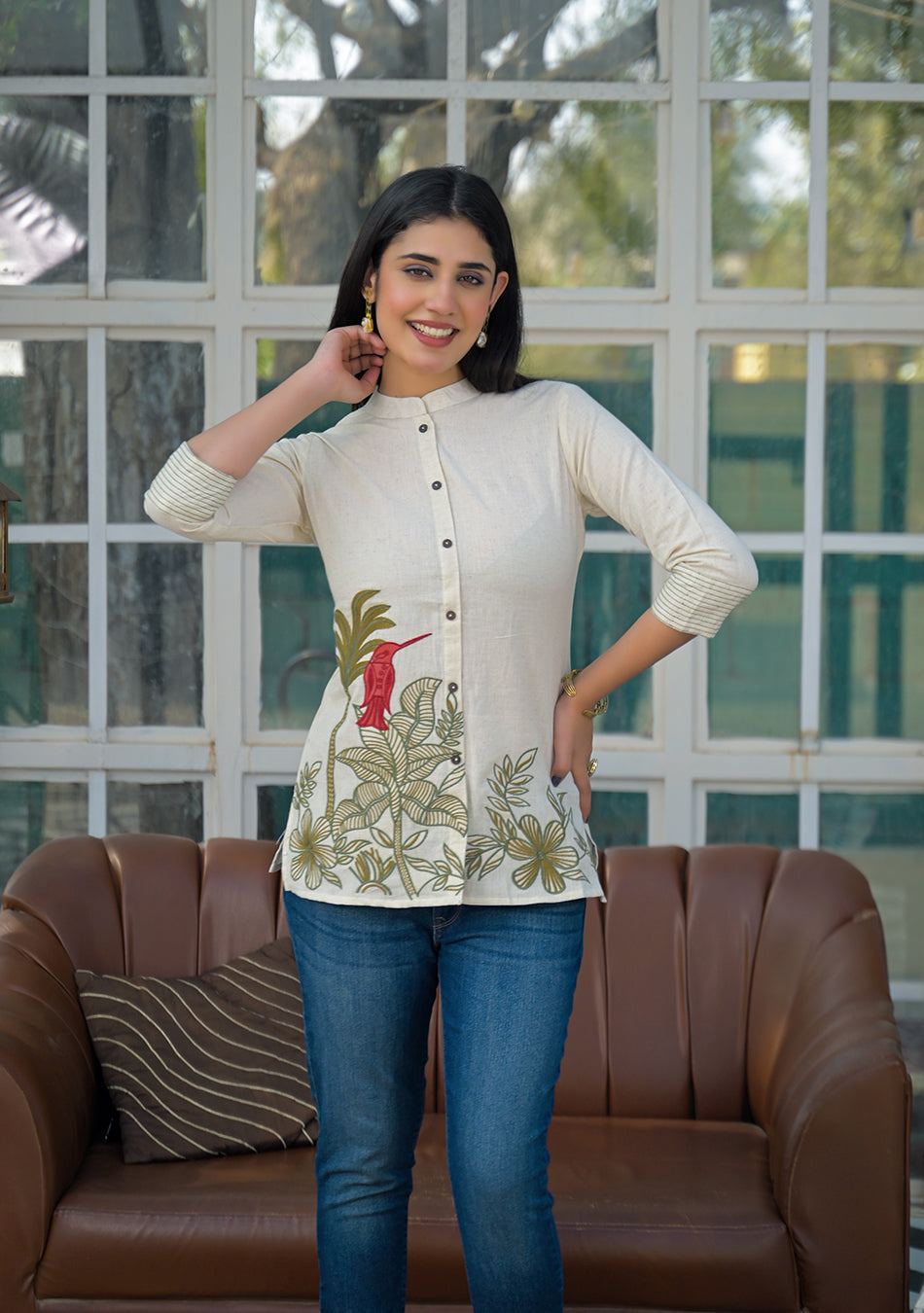 Ammanya Ivory Botanical Bird Embroidered Cotton Flex Top