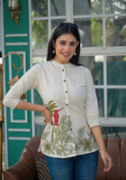 Ammanya Ivory Botanical Bird Embroidered Cotton Flex Top
