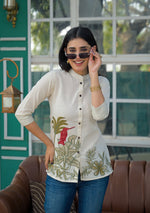 Ammanya Ivory Botanical Bird Embroidered Cotton Flex Top