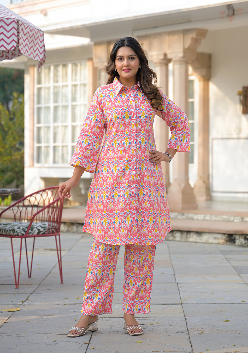 Coral Ikkat Glow Co-ord Set