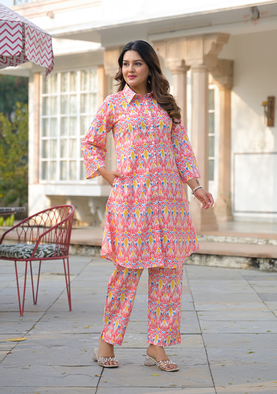 Coral Ikkat Glow Co-ord Set