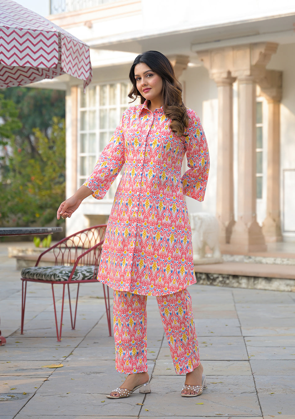 Coral Ikkat Glow Co-ord Set