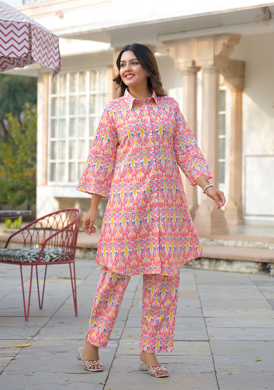 Coral Ikkat Glow Co-ord Set