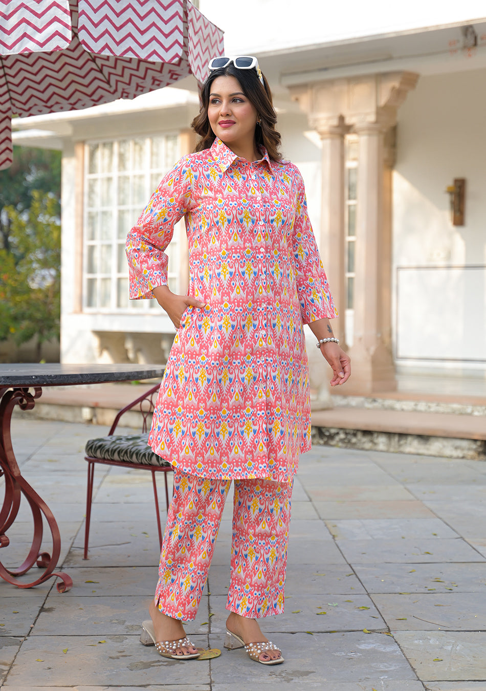 Coral Ikkat Glow Co-ord Set