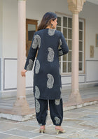 Black paisley Kurta and  Hem Cuffed Pant Set