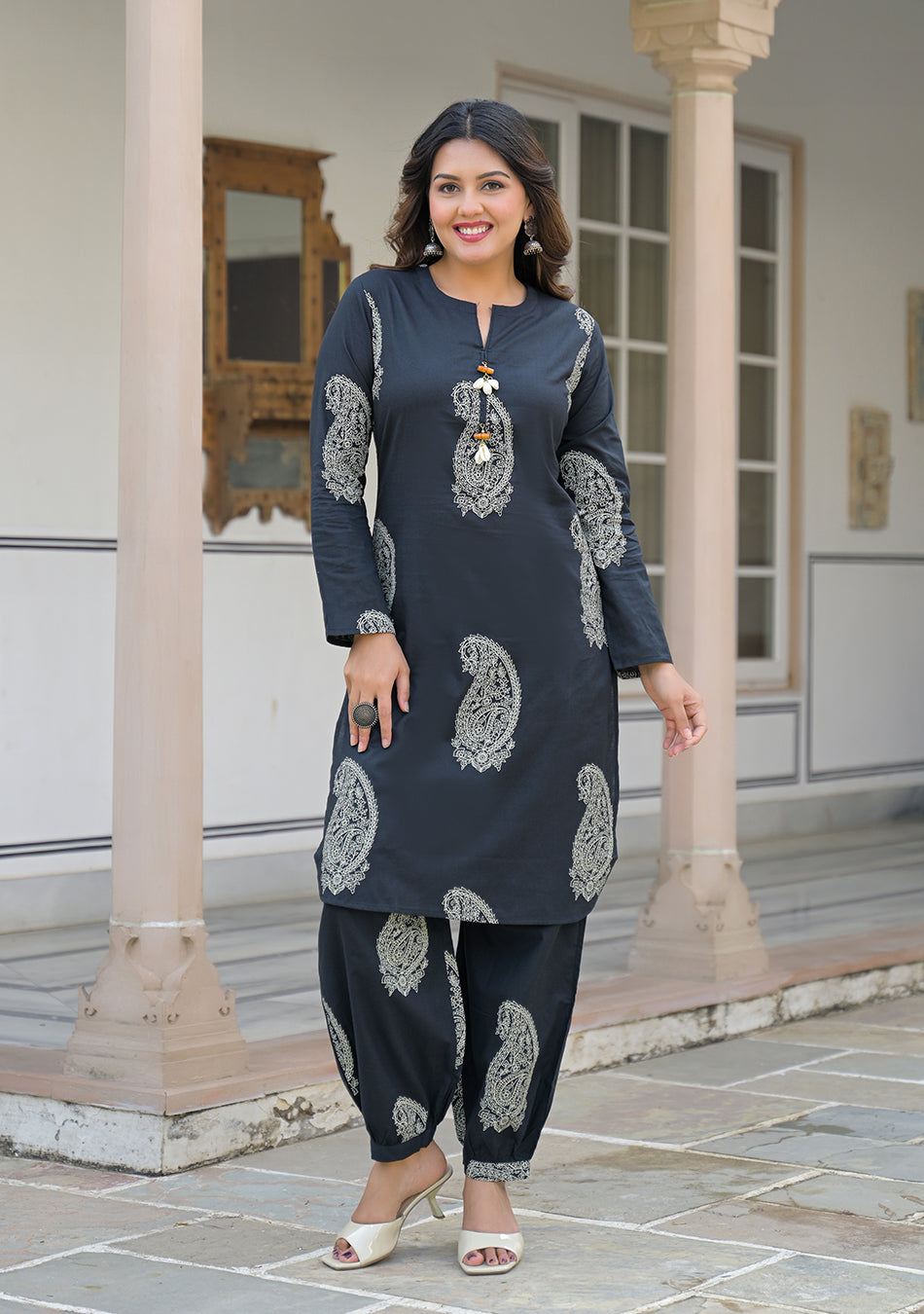 Black paisley Kurta and  Hem Cuffed Pant Set
