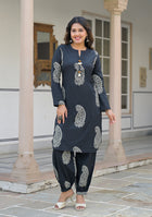 Black paisley Kurta and  Hem Cuffed Pant Set