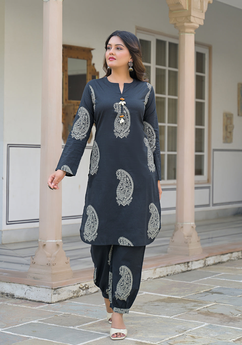 Black paisley Kurta and  Hem Cuffed Pant Set