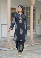 Black paisley Kurta and  Hem Cuffed Pant Set