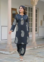 Black paisley Kurta and  Hem Cuffed Pant Set