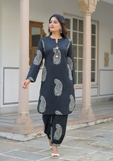 Black paisley Kurta and  Hem Cuffed Pant Set