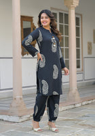 Black paisley Kurta and  Hem Cuffed Pant Set