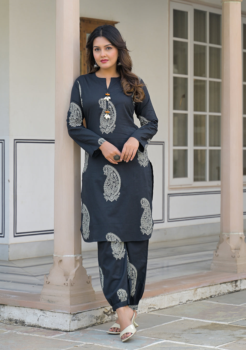 Black paisley Kurta and  Hem Cuffed Pant Set
