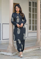 Black paisley Kurta and  Hem Cuffed Pant Set