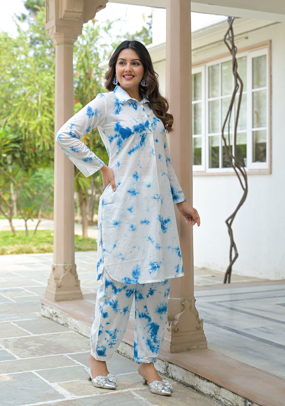 Blue and White Tie-Dye Pattern Kurta with Cuffed Pant Set