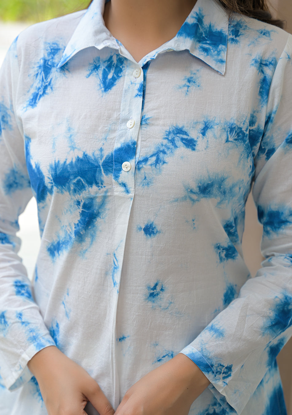 Blue and White Tie-Dye Pattern Kurta with Cuffed Pant Set