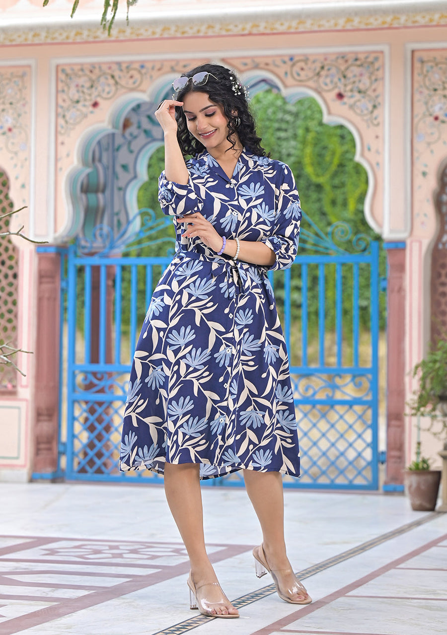 Azure Botanical Midi Dress