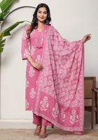 Rose Printed Suit Set with Dupatta