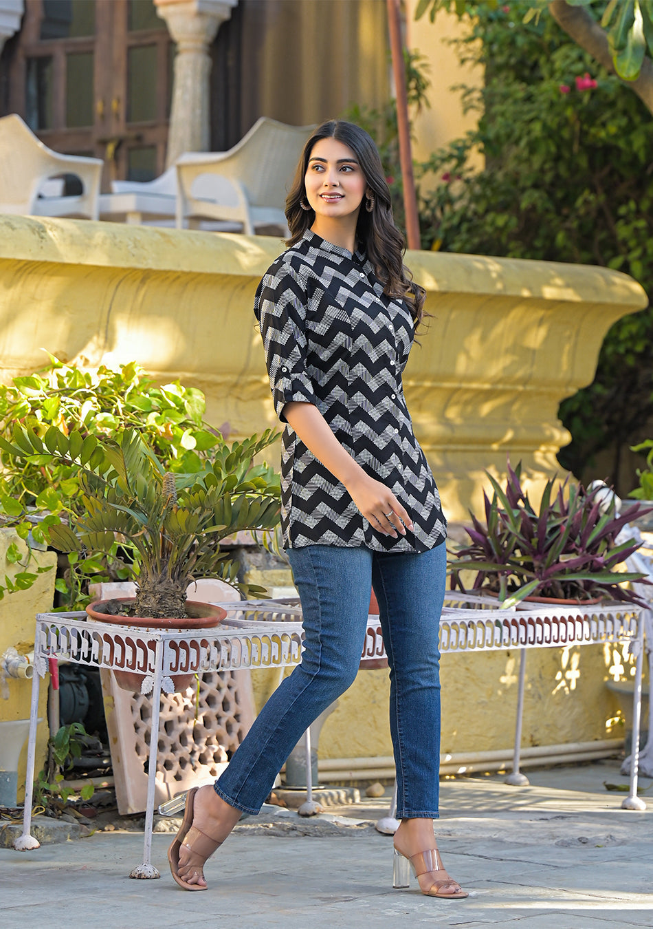 Ammanya Black Rayon Zigzag Print Shirts Style Top