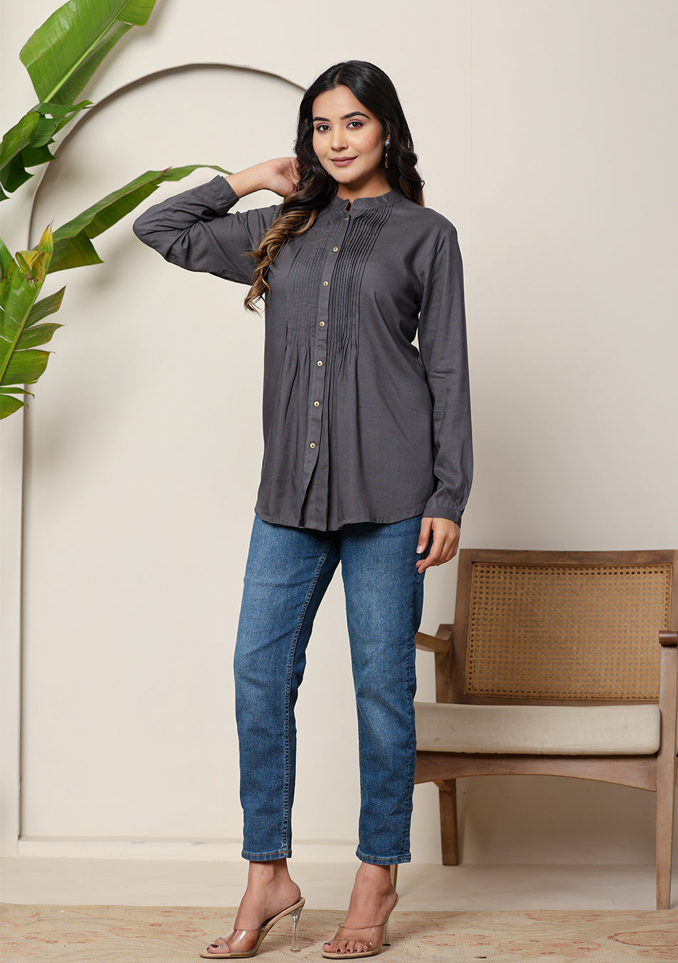 Ammanya Graphite Solid Pintex Top