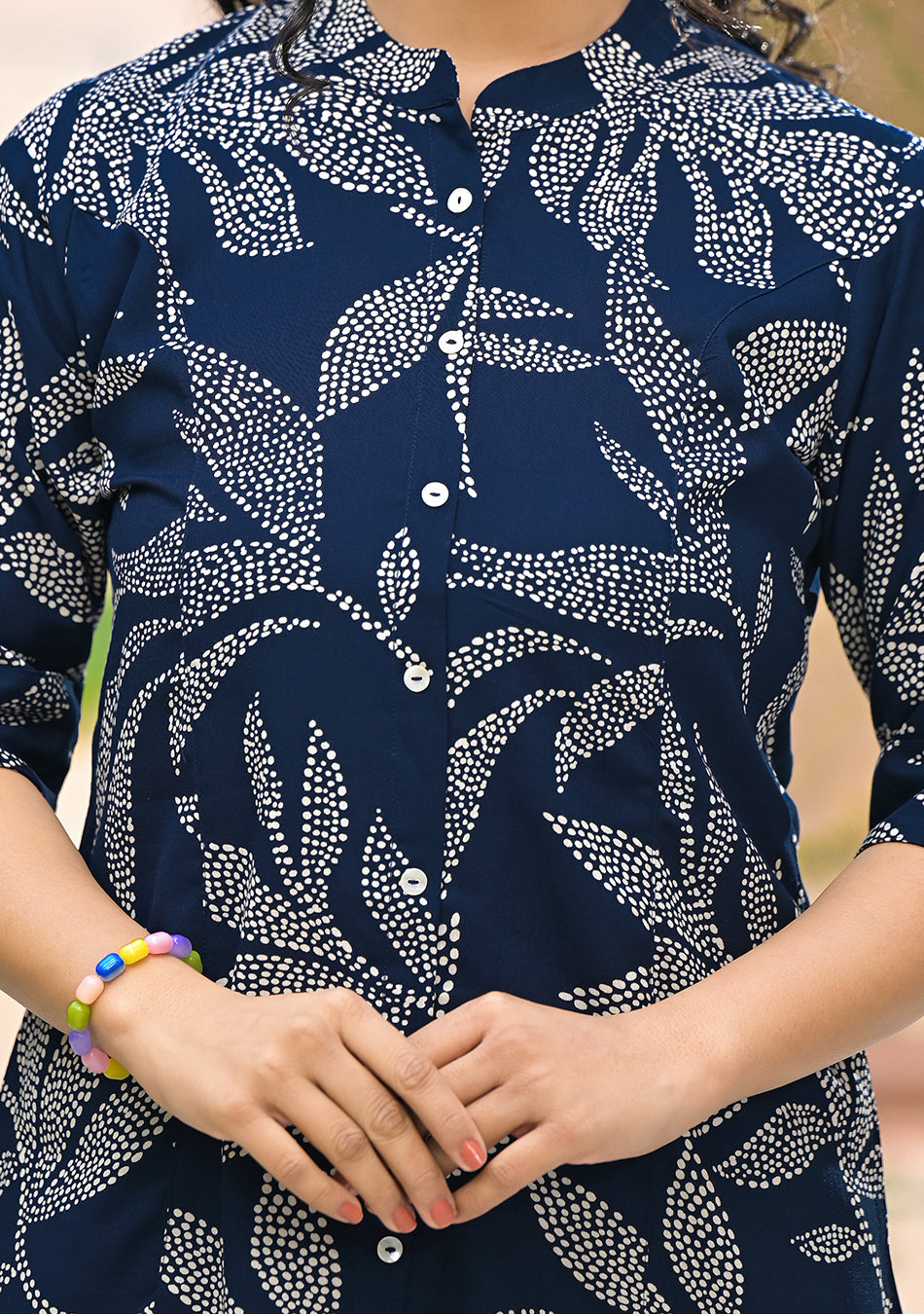 Ammanya Navy Leafy Shirt Style Top