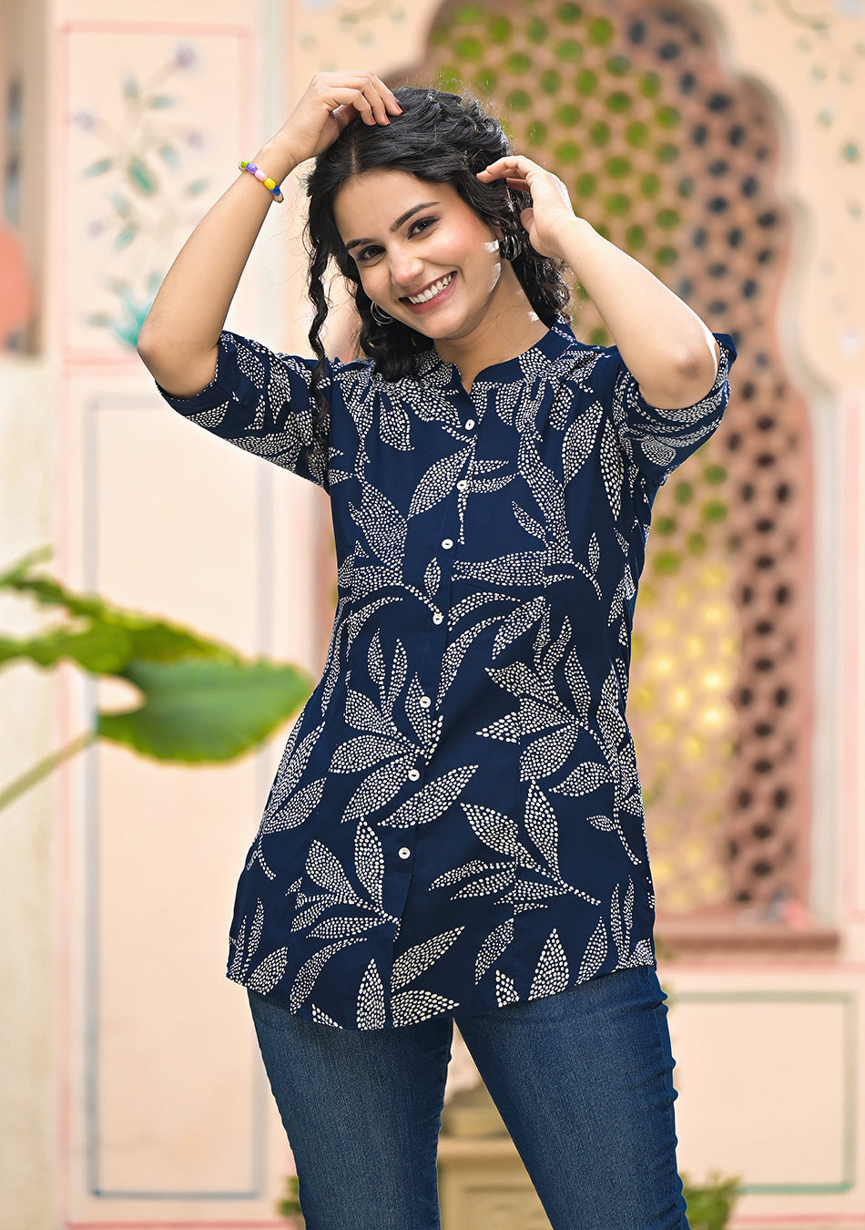 Ammanya Navy Leafy Shirt Style Top