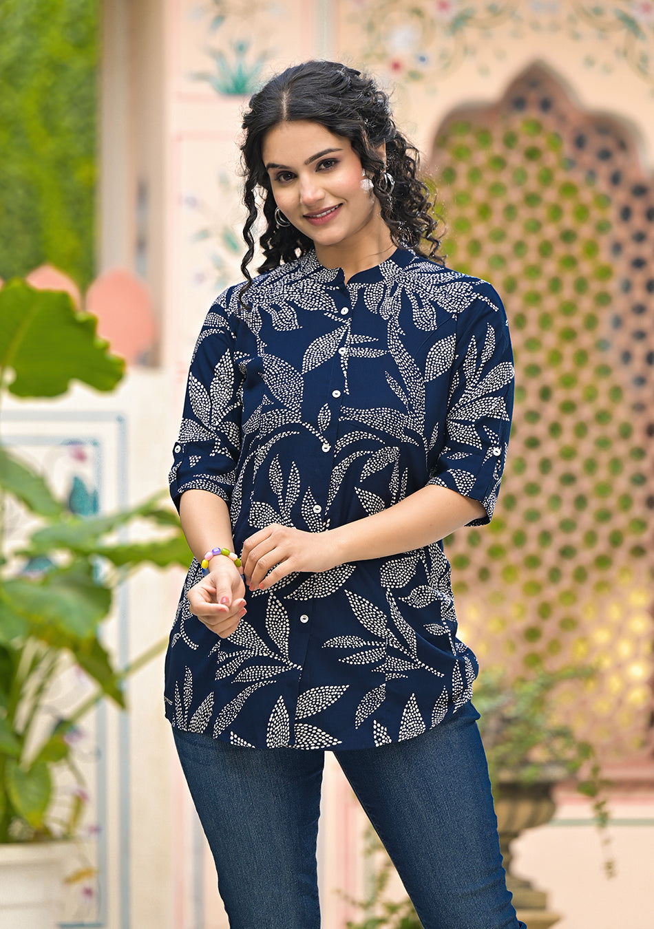 Ammanya Navy Leafy Shirt Style Top
