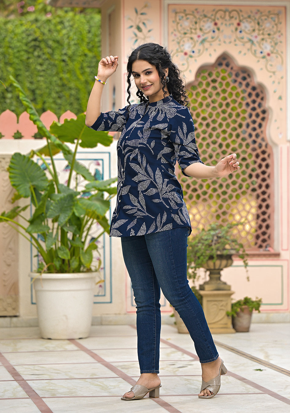 Ammanya Navy Leafy Shirt Style Top