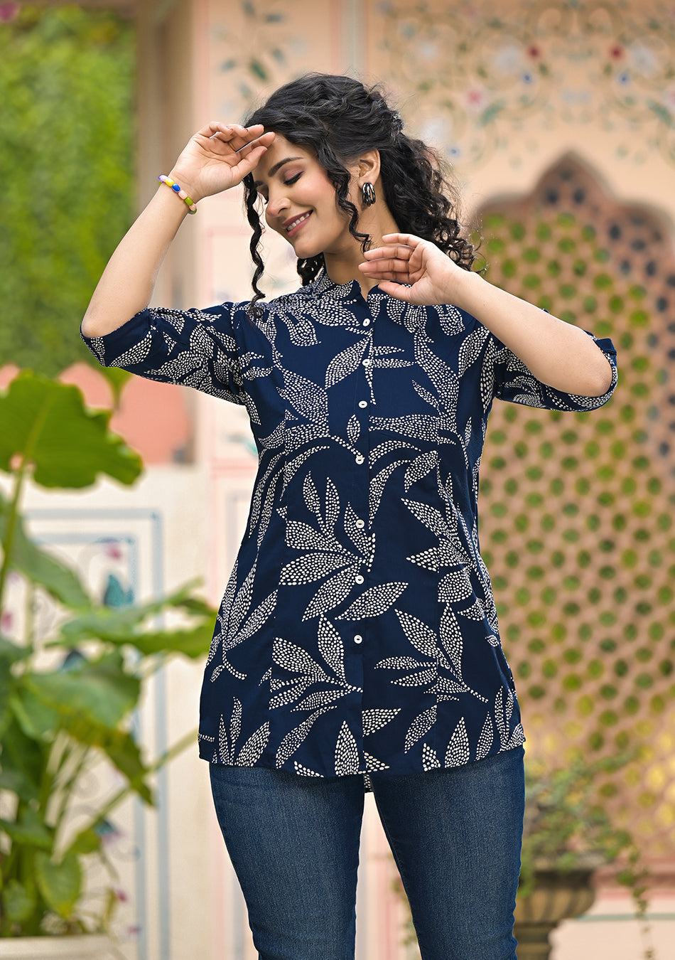 Ammanya Navy Leafy Shirt Style Top