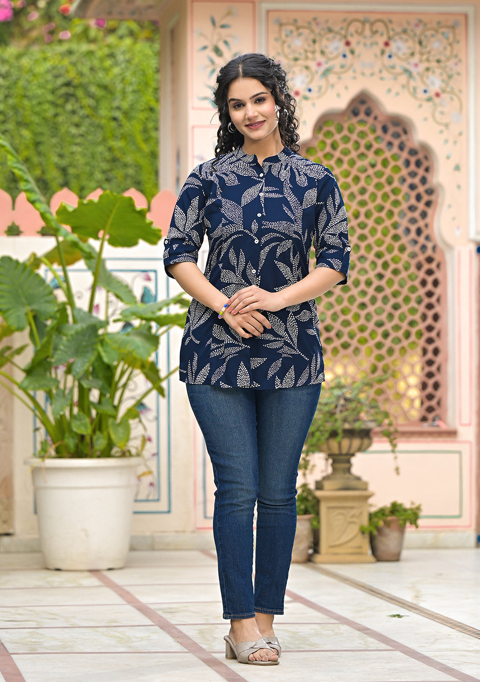 Ammanya Navy Leafy Shirt Style Top