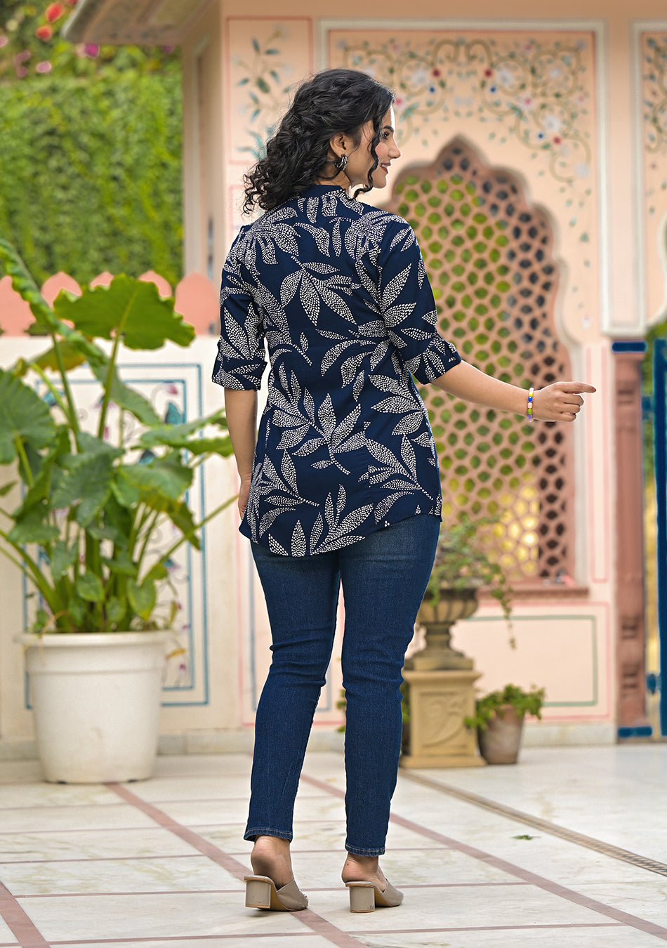 Ammanya Navy Leafy Shirt Style Top