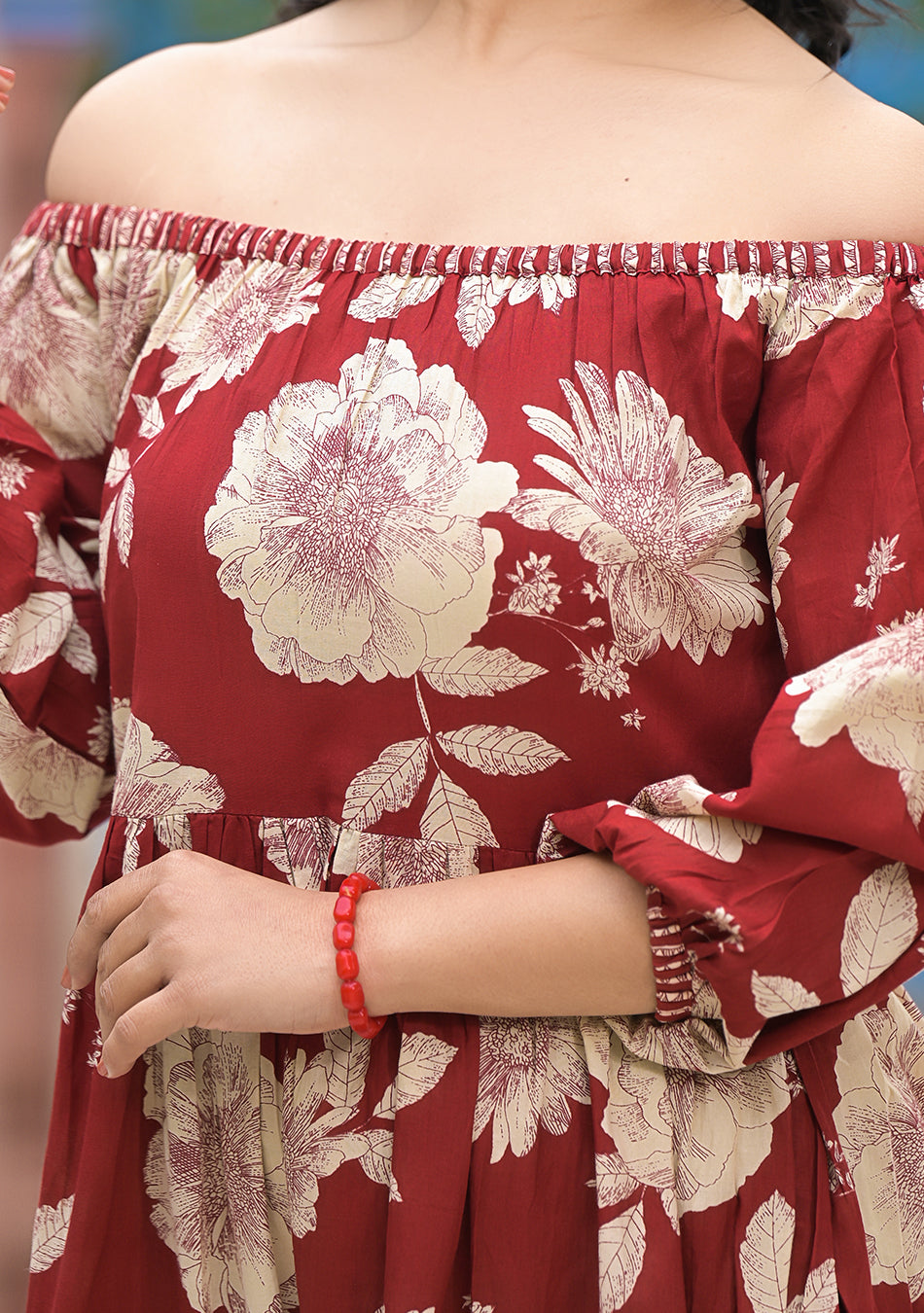 Crimson Bloom Off Shoulder Dress