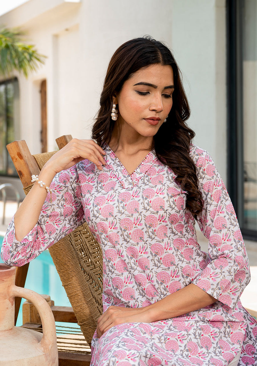 Pink Blossom Print Kurta