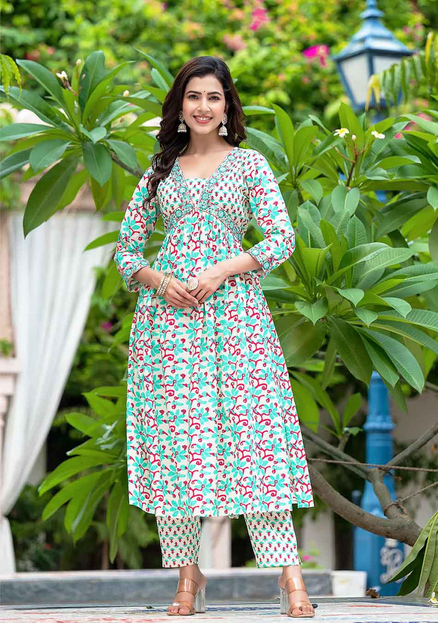 White And Seagreen Floral Anarkali Kurta Pant Set With Dupatta