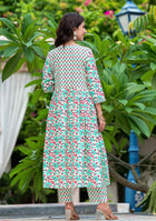 White And Seagreen Floral Anarkali Kurta Pant Set With Dupatta