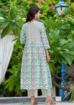 White And Seagreen Floral Anarkali Kurta Pant Set With Dupatta