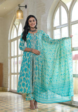 Sea Green & Cream Front Open Print Kurta Pant Set With Dupatta