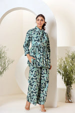 Green Floral Print Muslin Peplum Top With Bell-Bottom