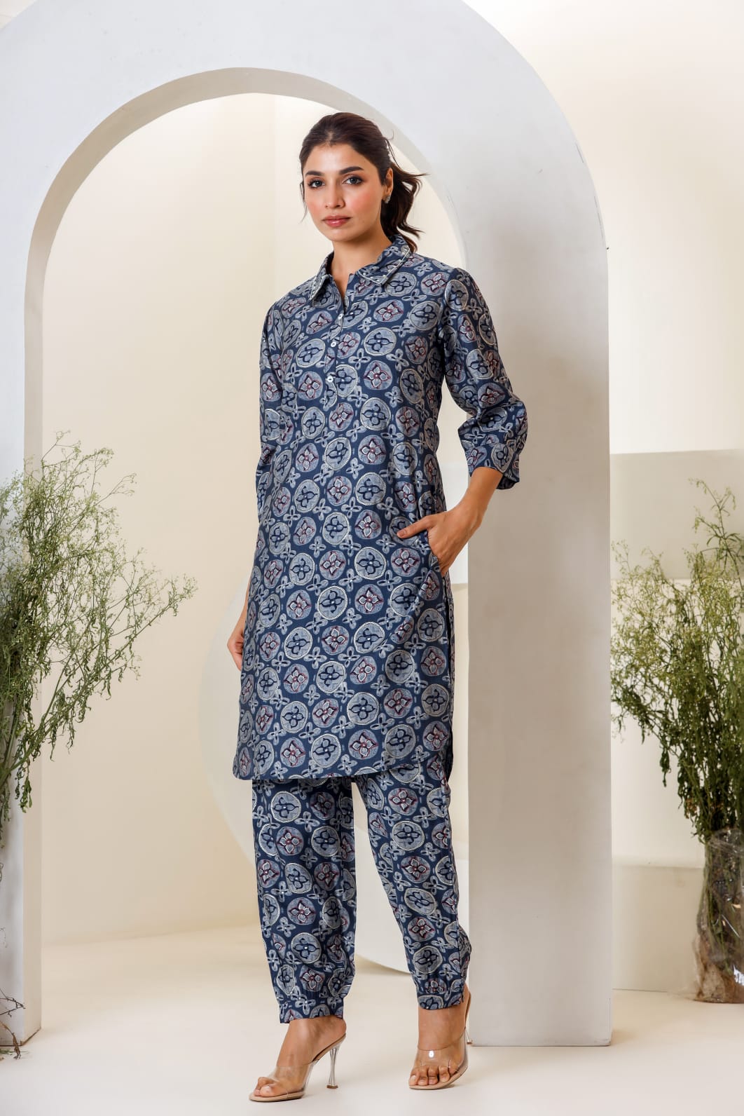 Blue Print Muslin Kurta With Hem Cuffed Pant Set