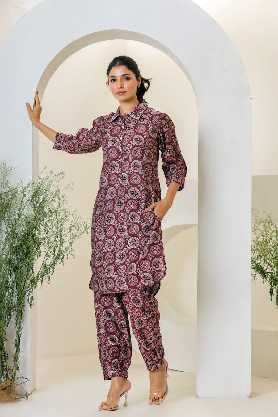 Maroon Print Muslin Kurta With  Hem  Cuffed Pant Set