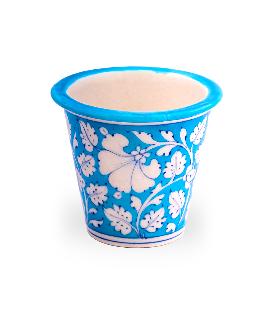 White Floral Pattern Handcrafted Cerulean Blue Pot