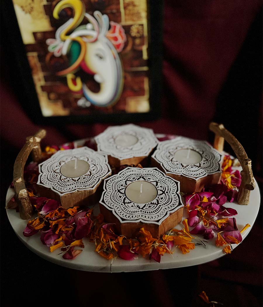 Handcrafted Flower Shape Wooden Diya - Set of 4