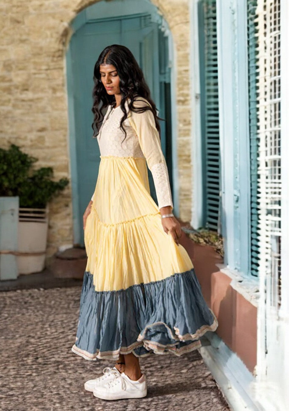 Yellow & Grey Mulmul Dress