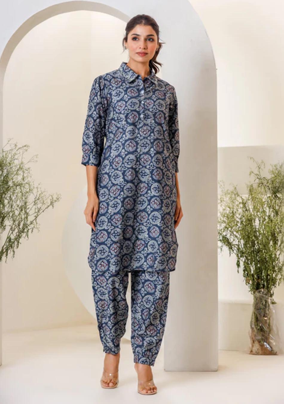 Blue Print Muslin Kurta With Hem Cuffed Pant Set